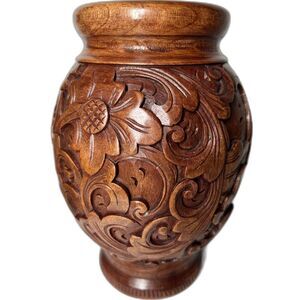 Vintage Hand Carved Wood Vase 9.5” Floral Decorative Solid Wood Home Decor Gift